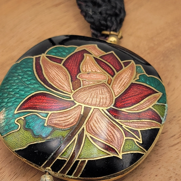 Lotus Flower Cloisonné Pendant Necklace with Black Tassel - Picture 4 of 7